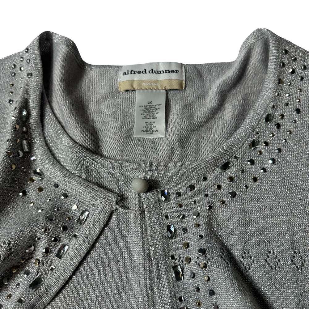 Alfred Dunner Women’s Silver Shimmer Embellished Open Front Cardigan Sweater 2X